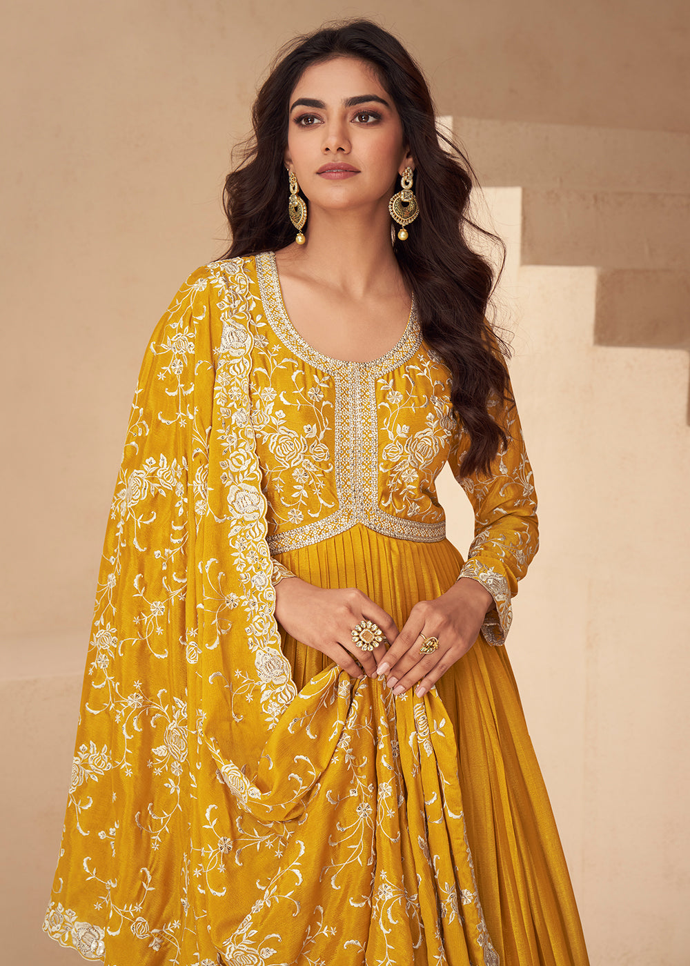 Buy Now Yellow Embroidered Chinnon Festive Anarkali Dress Online in USA, UK, Germany, Canada, UAE & Worldwide at Empress Clothing.