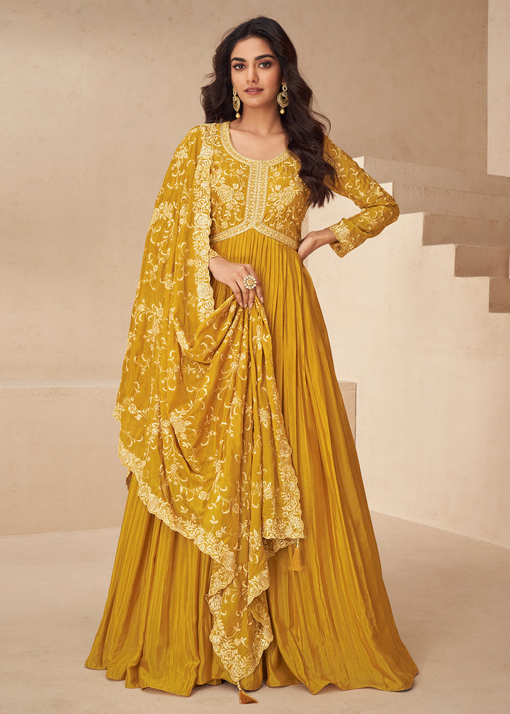 Buy Now Yellow Embroidered Chinnon Festive Anarkali Dress Online in USA, UK, Germany, Canada, UAE & Worldwide at Empress Clothing.