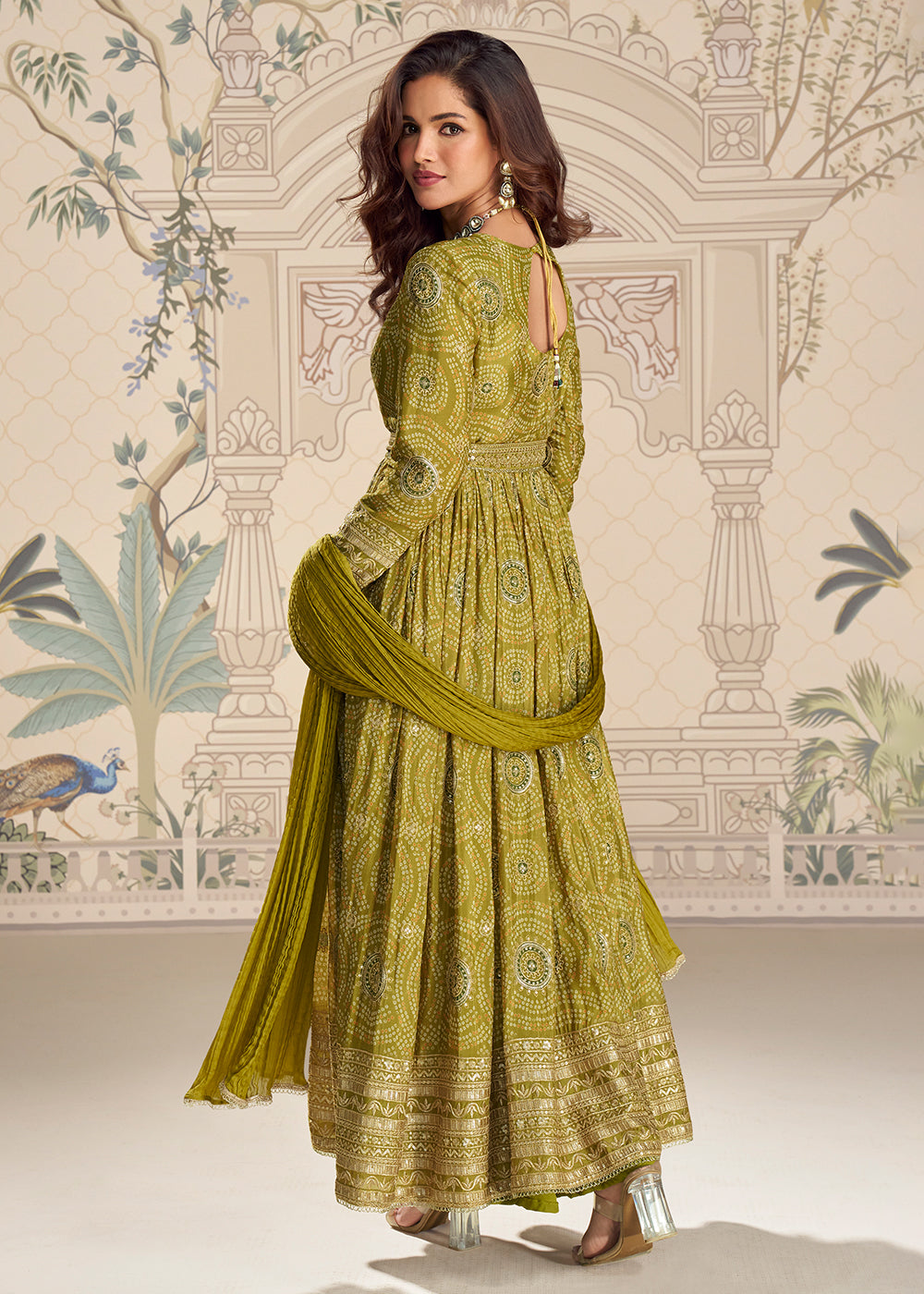 Buy Now Green Chinnon Silk Slit Frock Style Anarkali Dress Online in USA, UK, Sweden, Denmark, Greece, Germany, Canada, Austria, UAE & Worldwide at Empress.