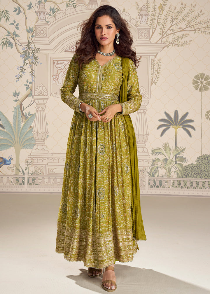 Buy Now Green Chinnon Silk Slit Frock Style Anarkali Dress Online in USA, UK, Sweden, Denmark, Greece, Germany, Canada, Austria, UAE & Worldwide at Empress.