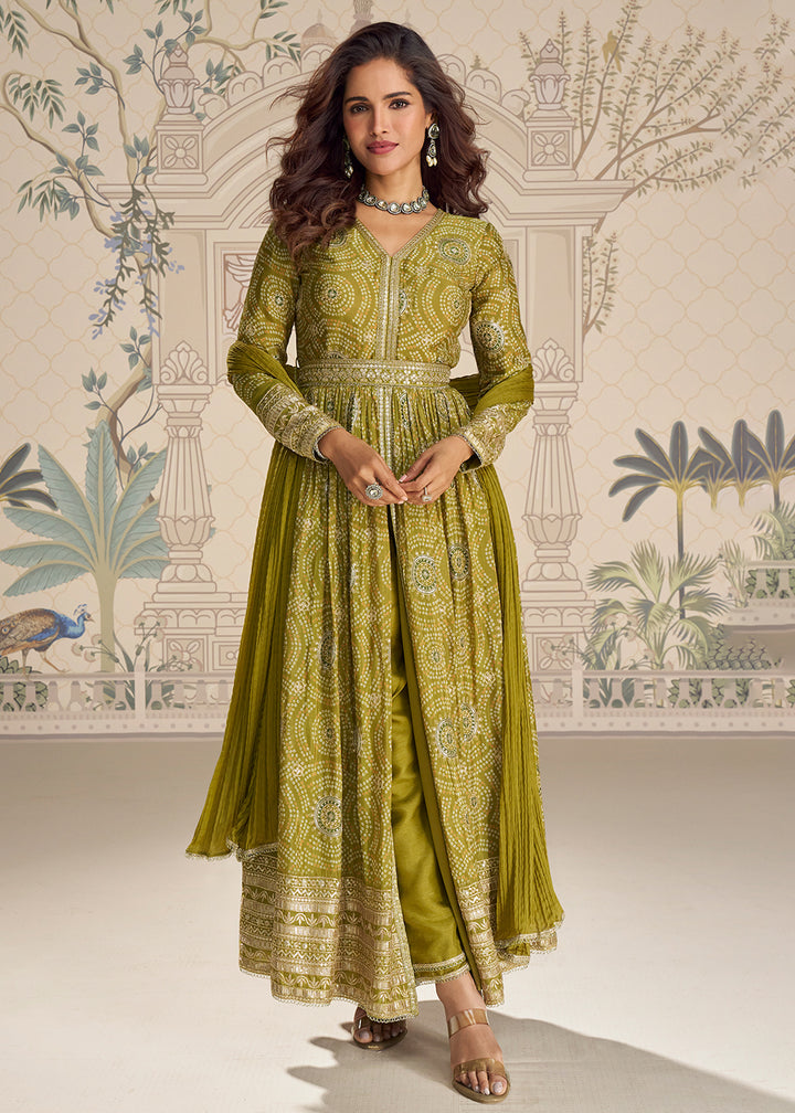 Buy Now Green Chinnon Silk Slit Frock Style Anarkali Dress Online in USA, UK, Sweden, Denmark, Greece, Germany, Canada, Austria, UAE & Worldwide at Empress.