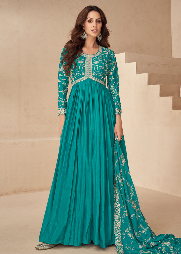 Buy Now Teal Blue Embroidered Chinnon Festive Anarkali Dress Online in USA, UK, Germany, Canada, UAE & Worldwide at Empress Clothing.