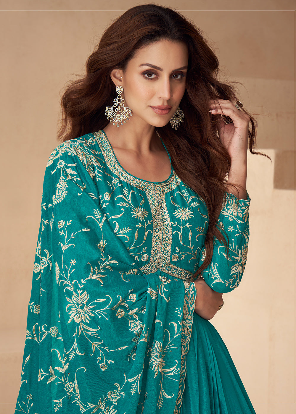 Buy Now Teal Blue Embroidered Chinnon Festive Anarkali Dress Online in USA, UK, Germany, Canada, UAE & Worldwide at Empress Clothing.