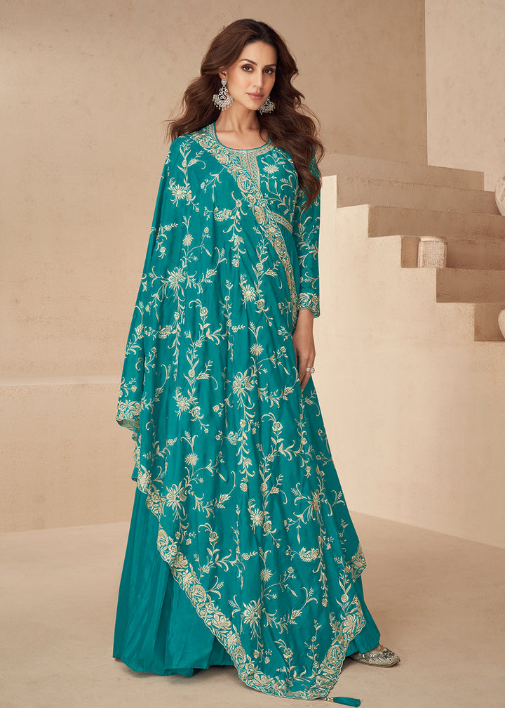 Buy Now Teal Blue Embroidered Chinnon Festive Anarkali Dress Online in USA, UK, Germany, Canada, UAE & Worldwide at Empress Clothing.