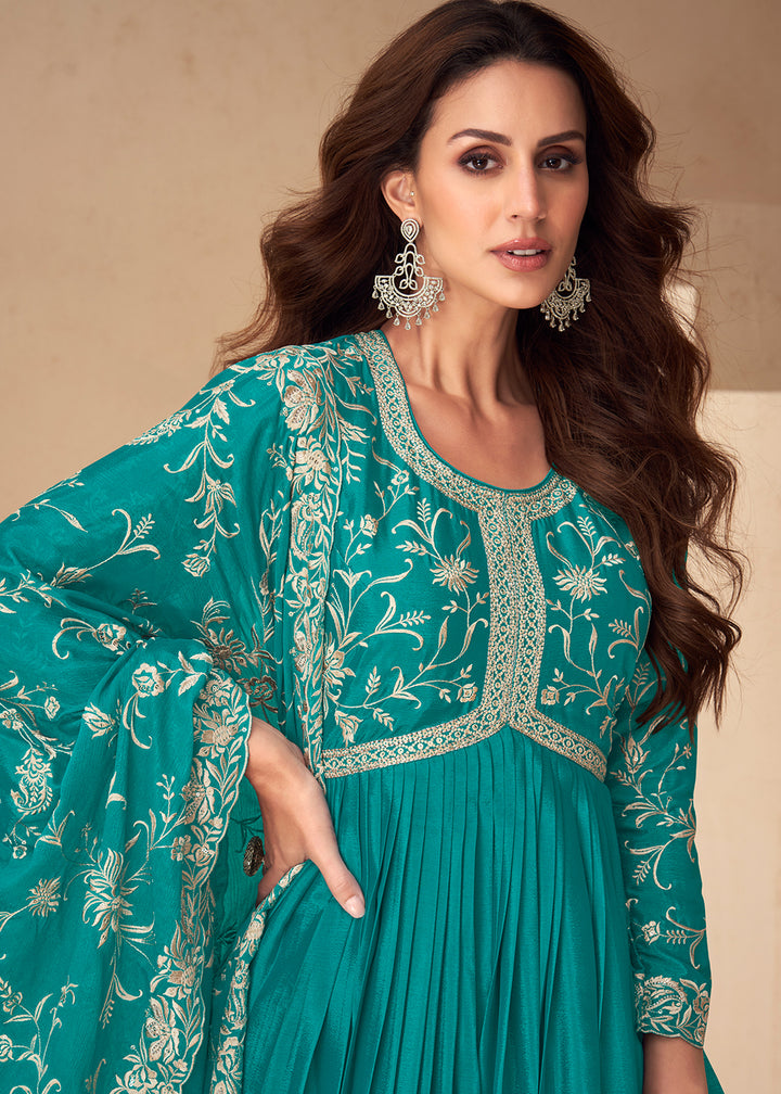 Buy Now Teal Blue Embroidered Chinnon Festive Anarkali Dress Online in USA, UK, Germany, Canada, UAE & Worldwide at Empress Clothing.