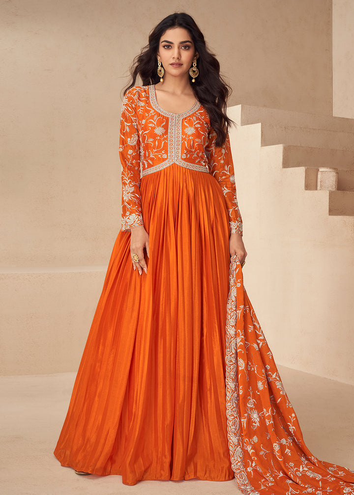 Buy Now Orange Embroidered Chinnon Festive Anarkali Dress Online in USA, UK, Germany, Canada, UAE & Worldwide at Empress Clothing.