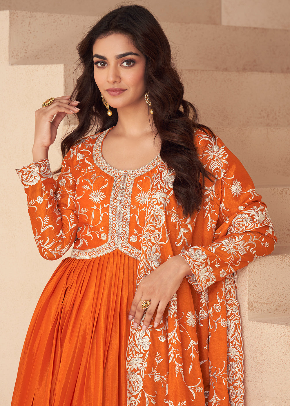 Buy Now Orange Embroidered Chinnon Festive Anarkali Dress Online in USA, UK, Germany, Canada, UAE & Worldwide at Empress Clothing.