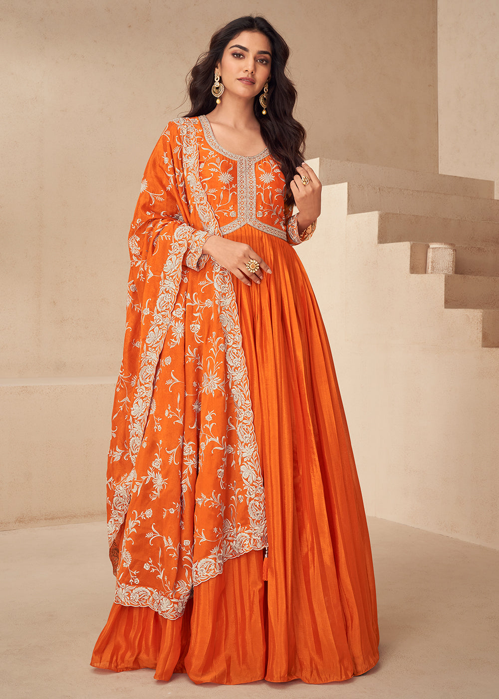 Buy Now Orange Embroidered Chinnon Festive Anarkali Dress Online in USA, UK, Germany, Canada, UAE & Worldwide at Empress Clothing.