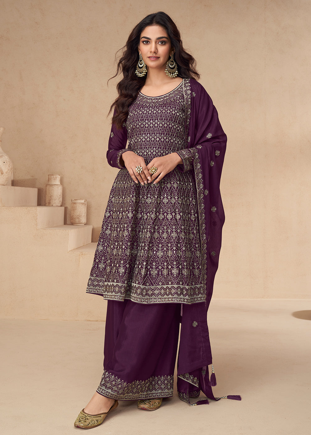 Buy Now Purple Designer Style Embroidred Palazzo Style Dress Online in USA, UK, Canada, Germany & Worldwide at Empress Clothing. 