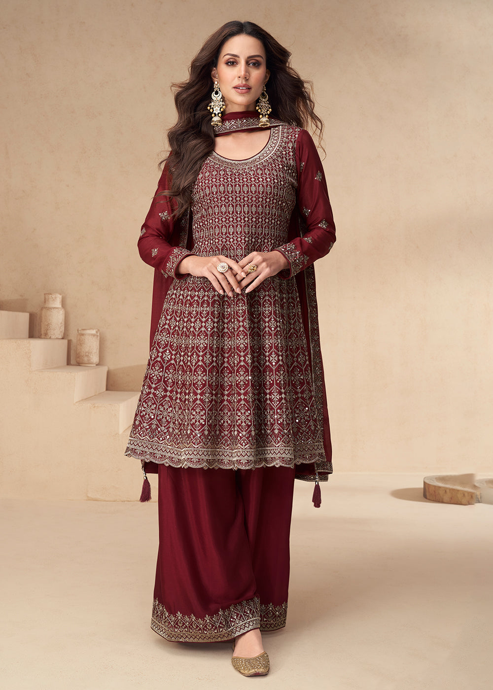 Buy Now Maroon Designer Style Embroidred Palazzo Style Dress Online in USA, UK, Canada, Germany & Worldwide at Empress Clothing.