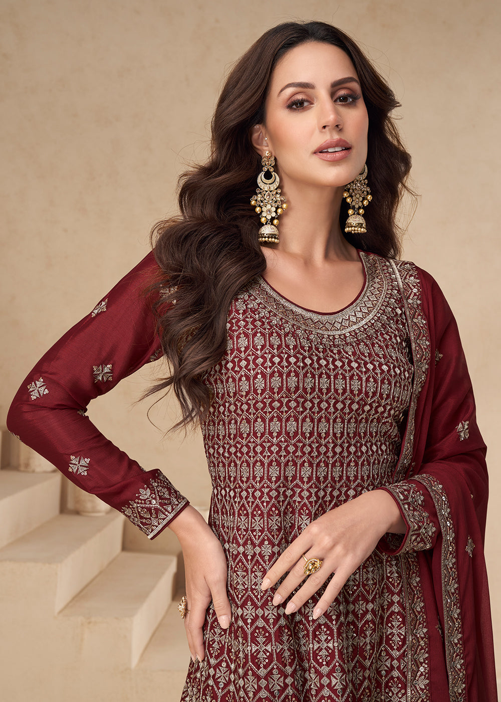 Buy Now Maroon Designer Style Embroidred Palazzo Style Dress Online in USA, UK, Canada, Germany & Worldwide at Empress Clothing.