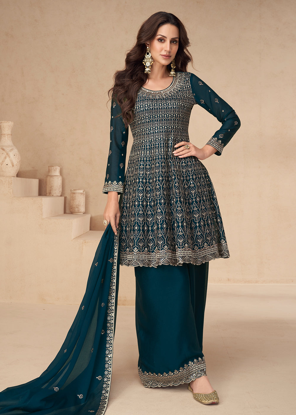 Buy Now Blue Designer Style Embroidred Palazzo Style Dress Online in USA, UK, Canada, Germany & Worldwide at Empress Clothing. 