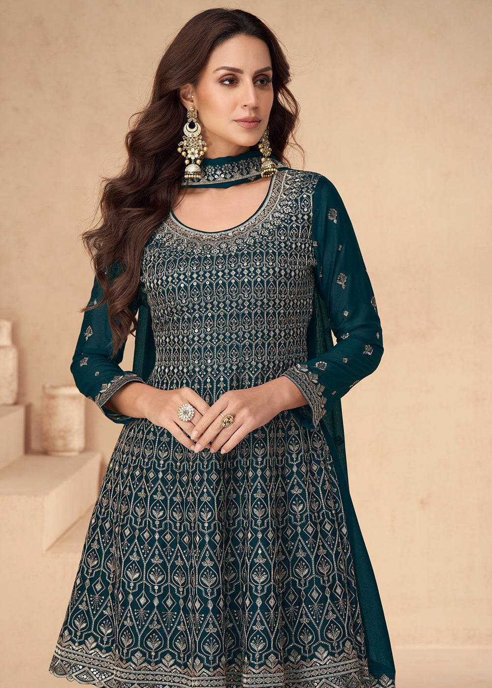 Buy Now Blue Designer Style Embroidred Palazzo Style Dress Online in USA, UK, Canada, Germany & Worldwide at Empress Clothing. 