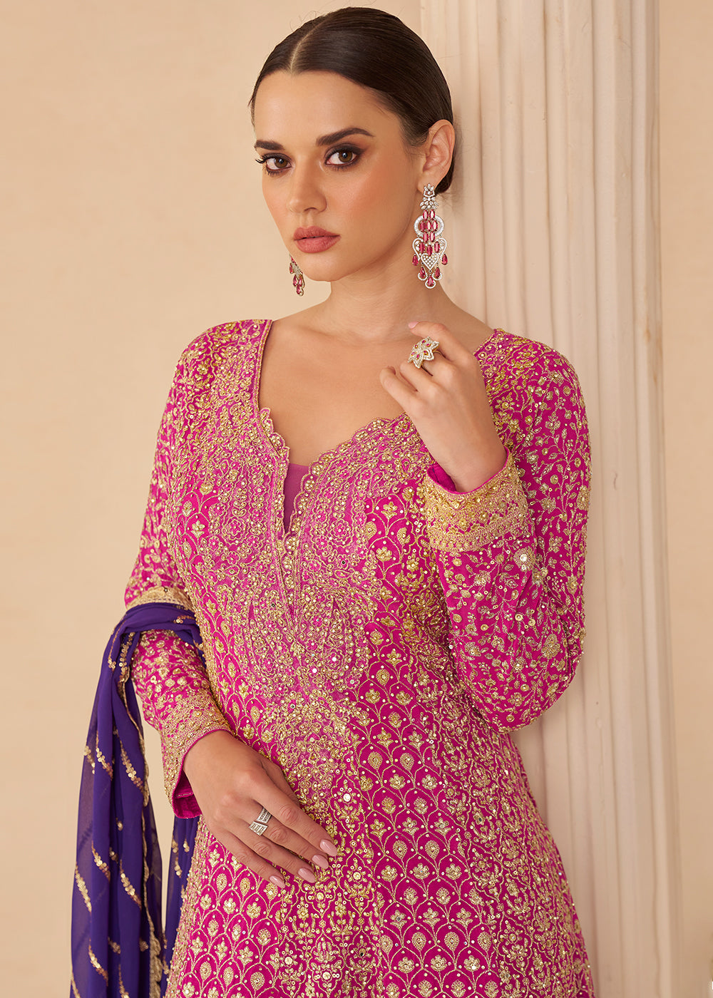 Buy Now Pink Purple Embroidered Function Wear Palazzo Suit Online in Newark, Yorktown, Toronto, London, Munich, Chicago, Denver, Paris & Worldwide at Empress.