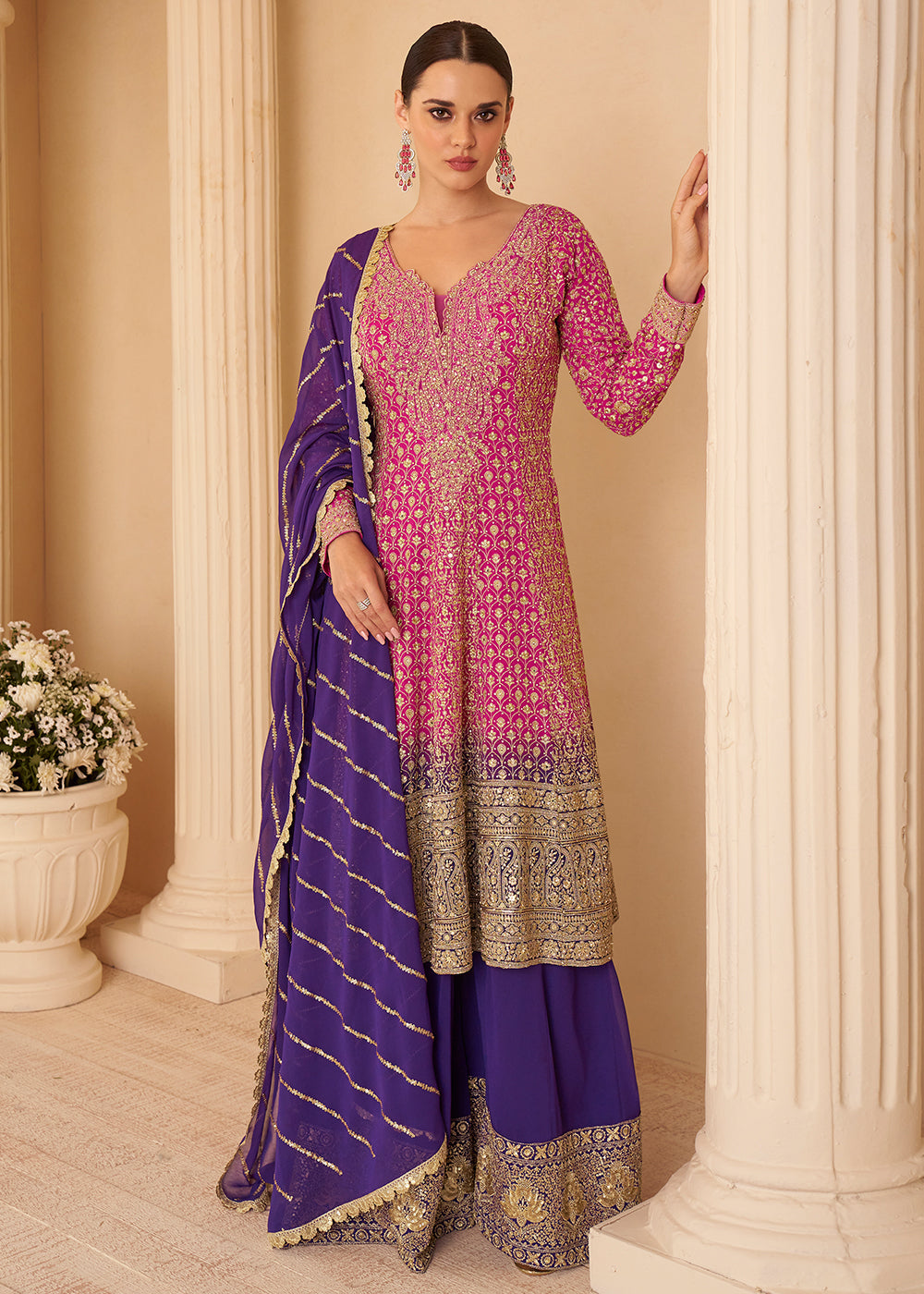 Buy Now Pink Purple Embroidered Function Wear Palazzo Suit Online in Newark, Yorktown, Toronto, London, Munich, Chicago, Denver, Paris & Worldwide at Empress.