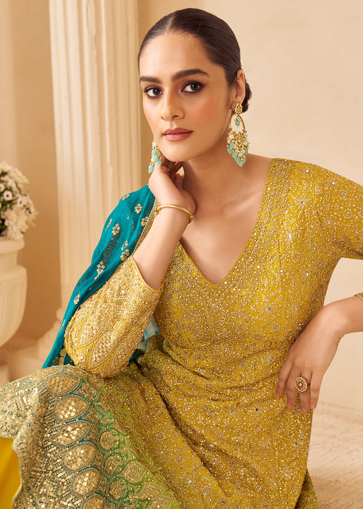 Buy Now Yellow Multi Embroidered Function Wear Palazzo Suit Online in Newark, Miami, Toronto, London, Dortmund, Katy, Denver, Paris & Worldwide at Empress.