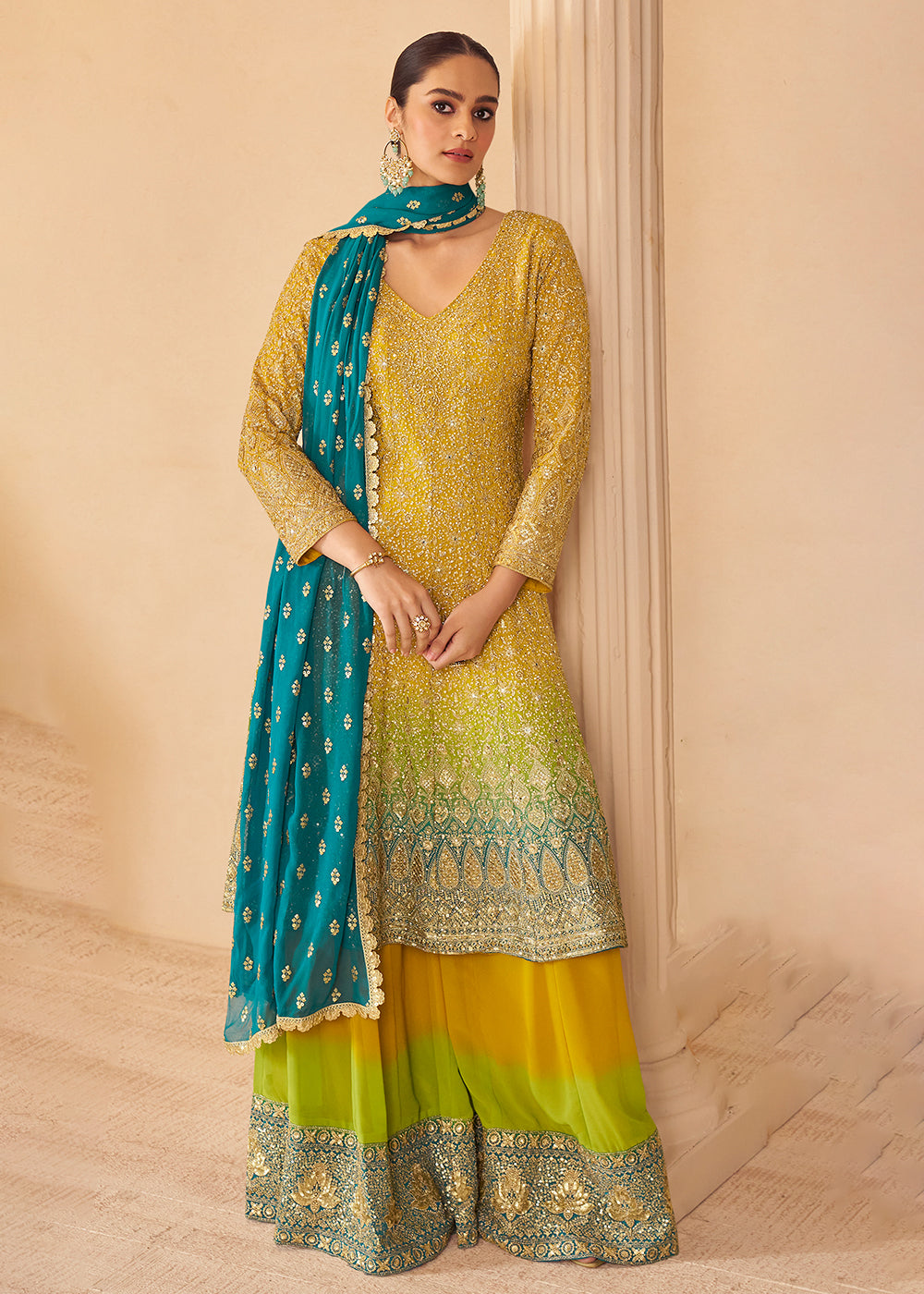 Buy Now Yellow Multi Embroidered Function Wear Palazzo Suit Online in Newark, Miami, Toronto, London, Dortmund, Katy, Denver, Paris & Worldwide at Empress.