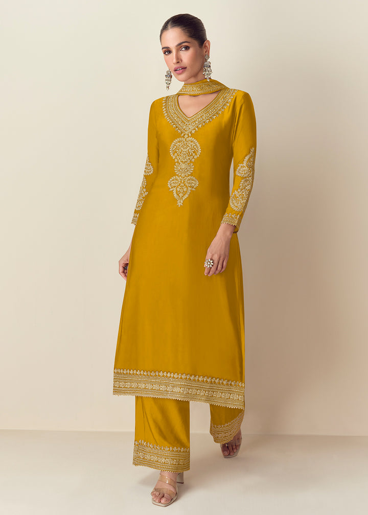 Buy Now Premium Chinnon Yellow Embroidered Palazzo Style Suit Online in USA, UK, Canada, Germany, Italy & Worldwide at Empress Clothing. 