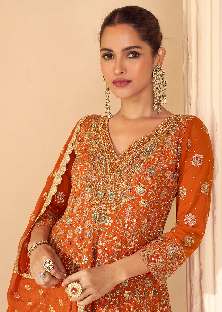 Buy Now Rust Orange Embroidered Function Wear Palazzo Suit Online in Newark, Miami, Toronto, London, Dortmund, Katy, Denver, Paris & Worldwide at Empress.