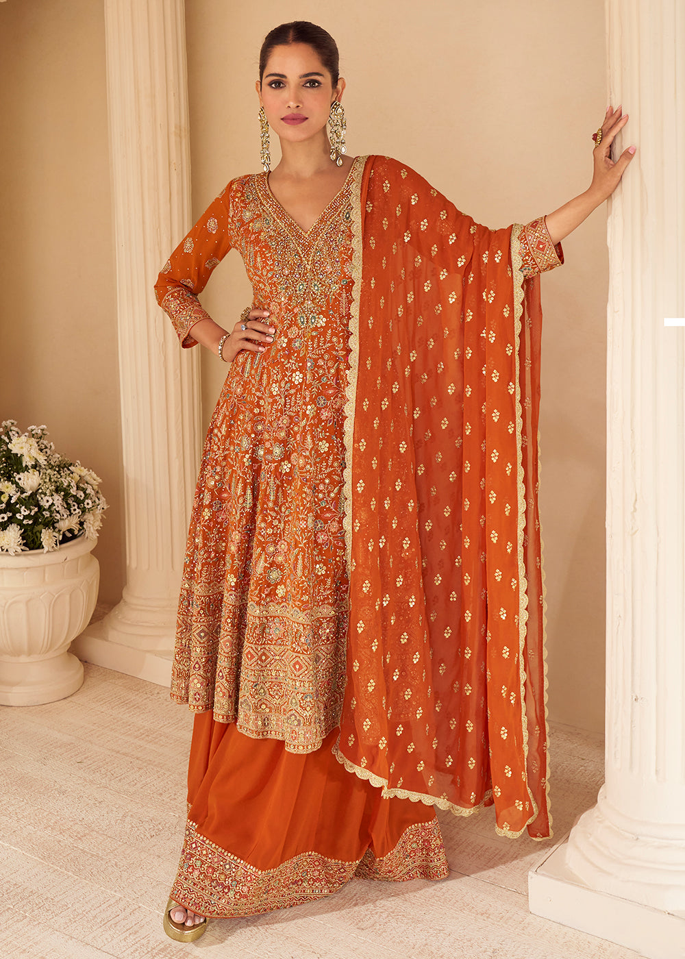 Buy Now Rust Orange Embroidered Function Wear Palazzo Suit Online in Newark, Miami, Toronto, London, Dortmund, Katy, Denver, Paris & Worldwide at Empress.
