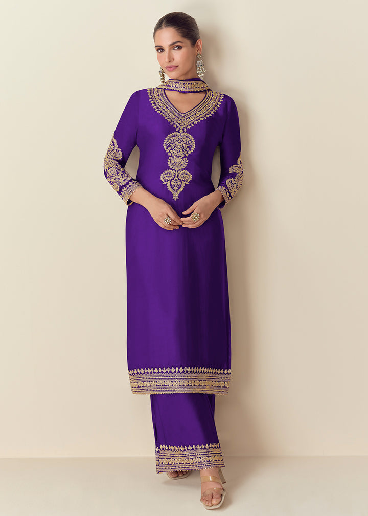 Buy Now Premium Chinnon Purple Embroidered Palazzo Style Suit Online in USA, UK, Canada, Germany, Italy & Worldwide at Empress Clothing. 