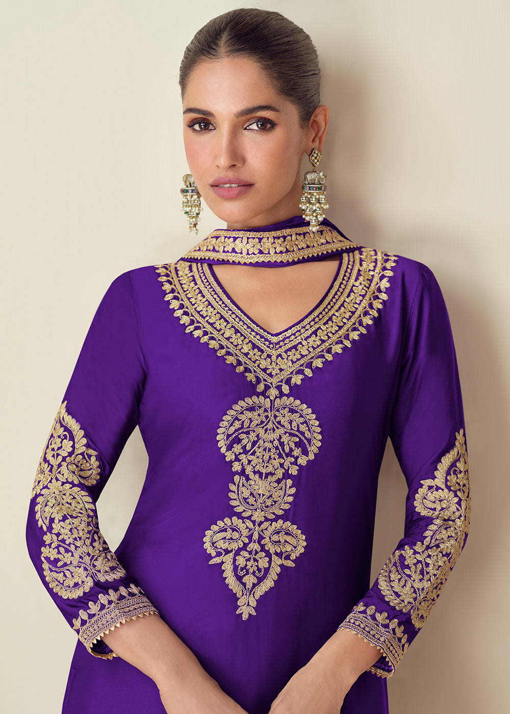 Buy Now Premium Chinnon Purple Embroidered Palazzo Style Suit Online in USA, UK, Canada, Germany, Italy & Worldwide at Empress Clothing. 