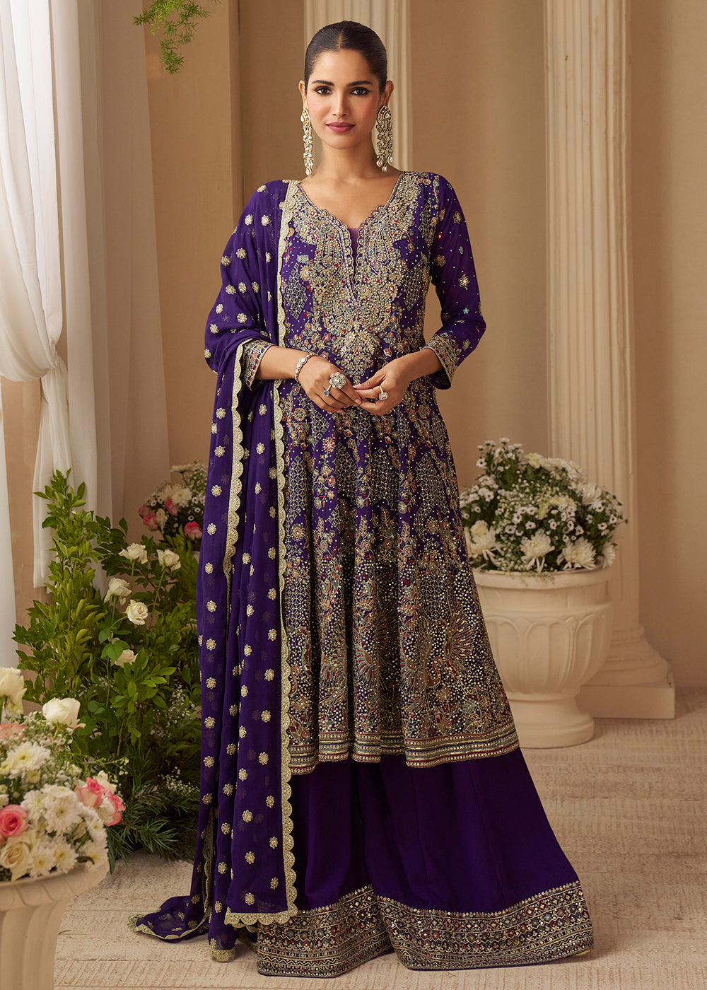 Buy Now Violet Purple Embroidered Function Wear Palazzo Suit Online in Newark, Miami, Toronto, London, Dortmund, Katy, Denver, Paris & Worldwide at Empress.