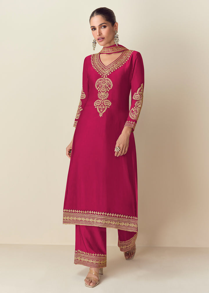 Buy Now Premium Chinnon Pink Embroidered Palazzo Style Suit Online in USA, UK, Canada, Germany, Italy & Worldwide at Empress Clothing. 