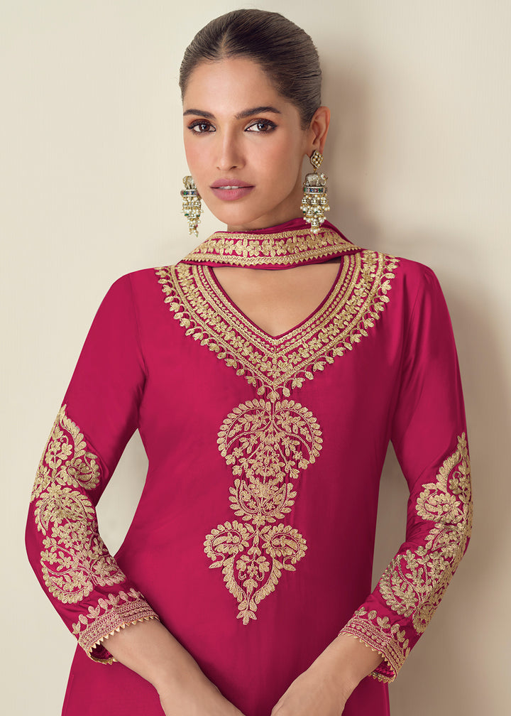 Buy Now Premium Chinnon Pink Embroidered Palazzo Style Suit Online in USA, UK, Canada, Germany, Italy & Worldwide at Empress Clothing. 