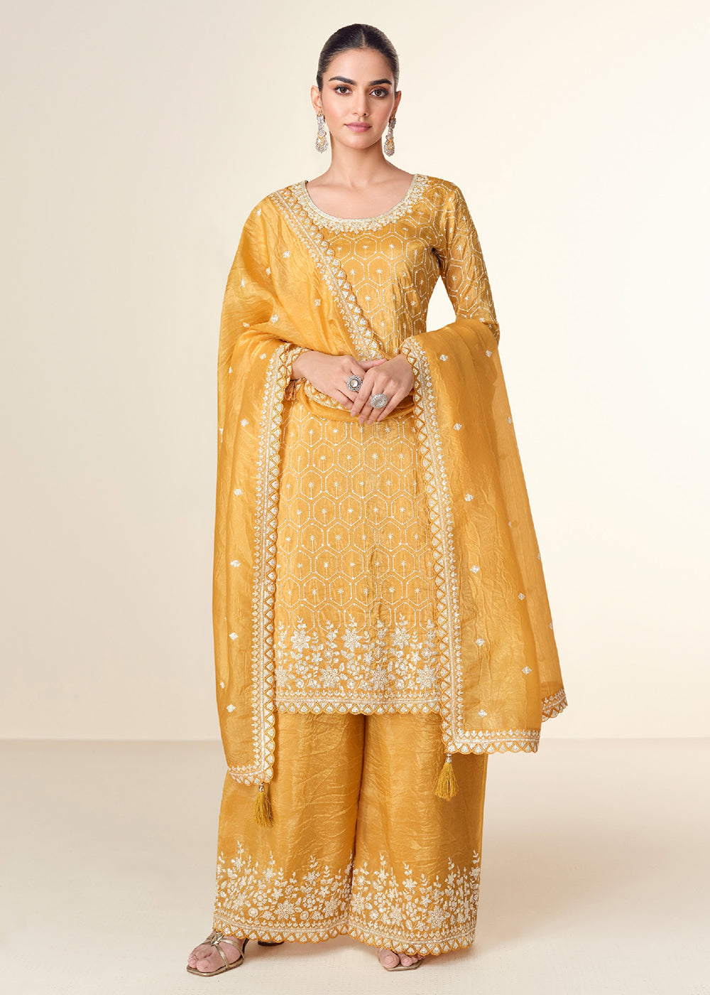 Buy Now Pretty Mustard Tissue Crush Embroidered Palazzo Suit Online in USA, UK, Canada, Germany & Worldwide at Empress Clothing. 