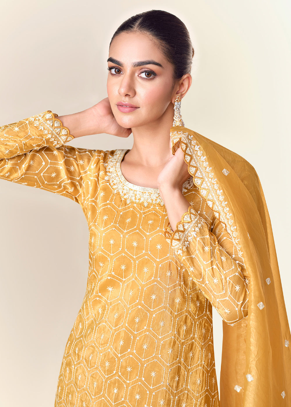 Buy Now Pretty Mustard Tissue Crush Embroidered Palazzo Suit Online in USA, UK, Canada, Germany & Worldwide at Empress Clothing. 