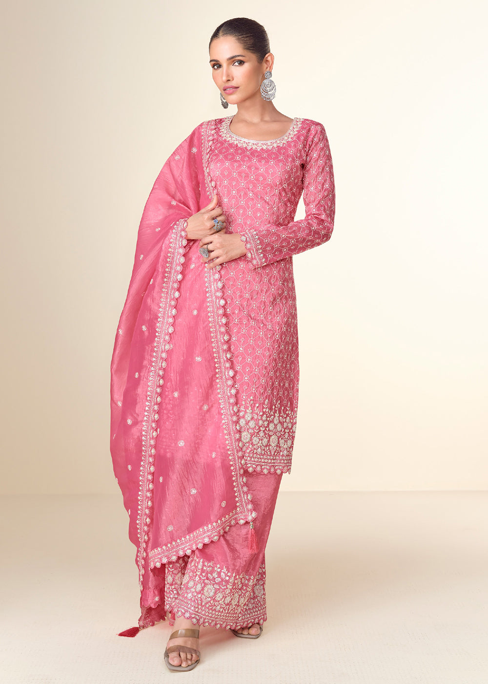 Buy Now Pretty Pink Tissue Crush Embroidered Palazzo Suit Online in USA, UK, Canada, Germany & Worldwide at Empress Clothing.