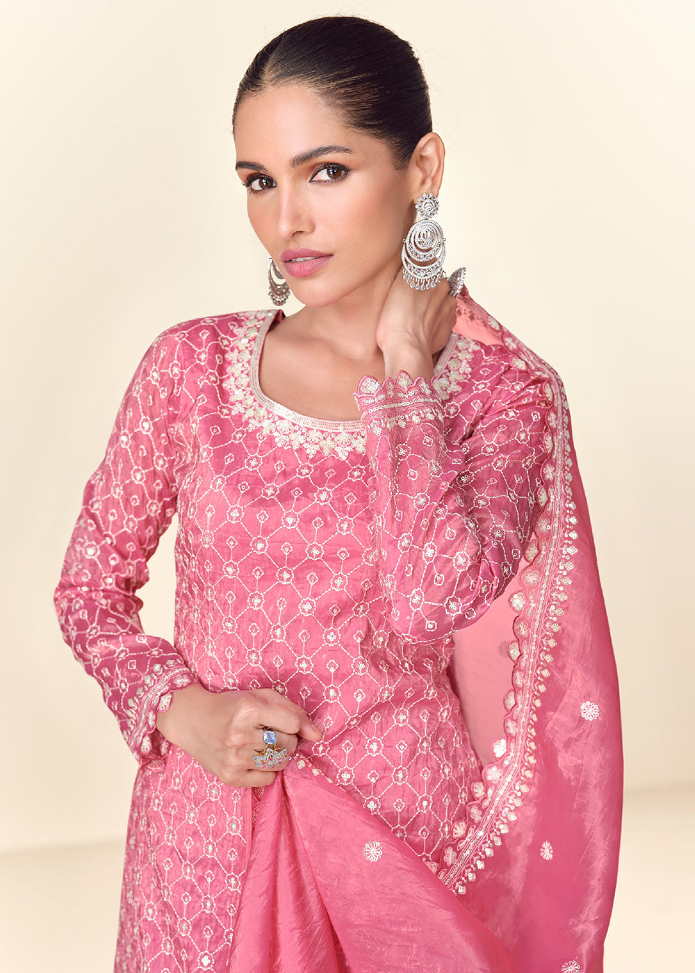 Buy Now Pretty Pink Tissue Crush Embroidered Palazzo Suit Online in USA, UK, Canada, Germany & Worldwide at Empress Clothing.