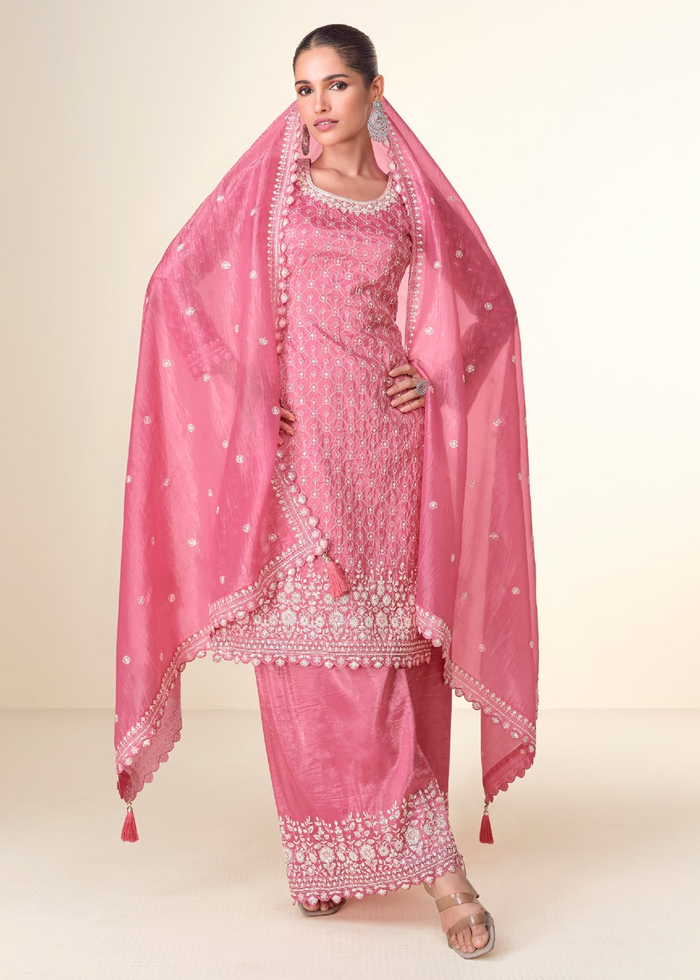 Buy Now Pretty Pink Tissue Crush Embroidered Palazzo Suit Online in USA, UK, Canada, Germany & Worldwide at Empress Clothing.