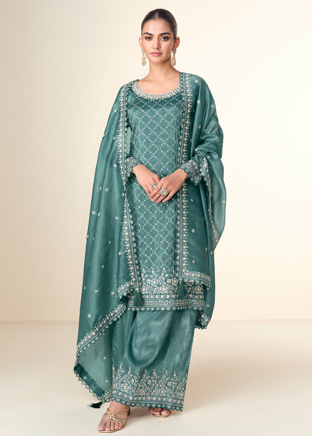 Buy Now Pretty Teal Tissue Crush Embroidered Palazzo Suit Online in USA, UK, Canada, Germany & Worldwide at Empress Clothing.