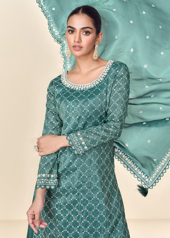 Buy Now Pretty Teal Tissue Crush Embroidered Palazzo Suit Online in USA, UK, Canada, Germany & Worldwide at Empress Clothing.