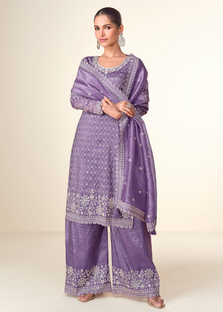 Buy Now Pretty Purple Tissue Crush Embroidered Palazzo Suit Online in USA, UK, Canada, Germany & Worldwide at Empress Clothing