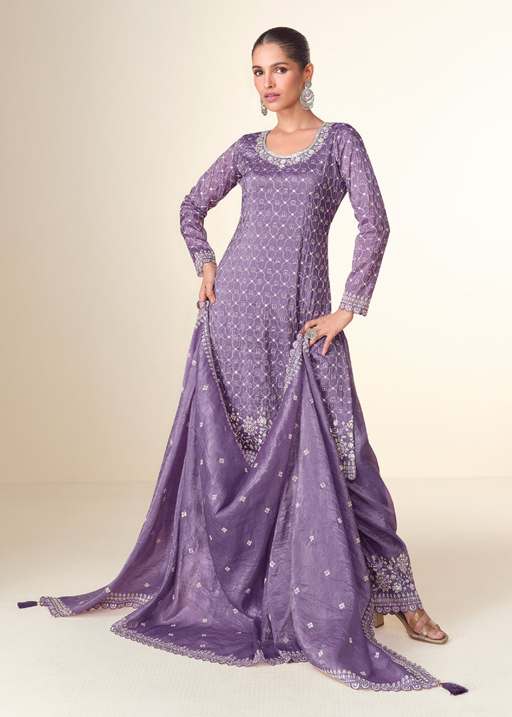 Buy Now Pretty Purple Tissue Crush Embroidered Palazzo Suit Online in USA, UK, Canada, Germany & Worldwide at Empress Clothing