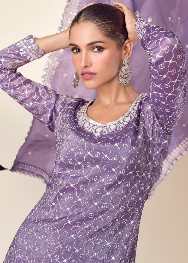 Buy Now Pretty Purple Tissue Crush Embroidered Palazzo Suit Online in USA, UK, Canada, Germany & Worldwide at Empress Clothing