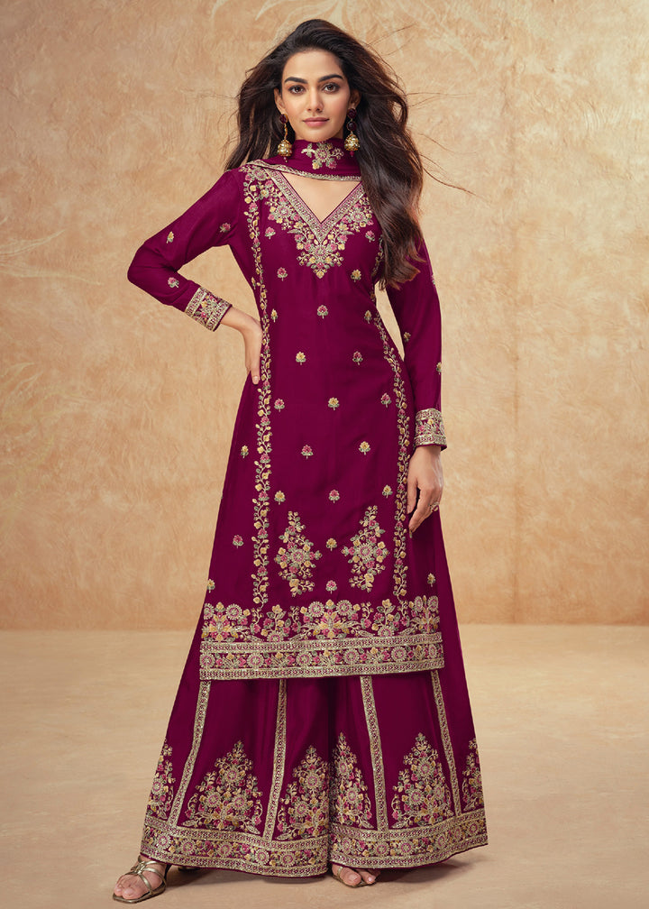 Buy Now Beautific Purple Premium Chinnon Silk Wedding Palazzo Suit Online in USA, UK, Canada, Germany, Italy & Worldwide at Empress Clothing.