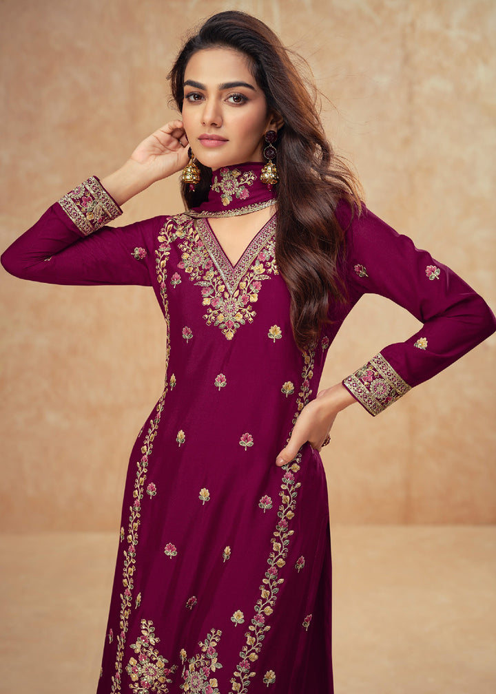 Buy Now Beautific Purple Premium Chinnon Silk Wedding Palazzo Suit Online in USA, UK, Canada, Germany, Italy & Worldwide at Empress Clothing.
