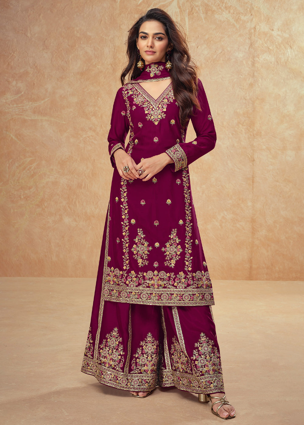 Buy Now Beautific Purple Premium Chinnon Silk Wedding Palazzo Suit Online in USA, UK, Canada, Germany, Italy & Worldwide at Empress Clothing.