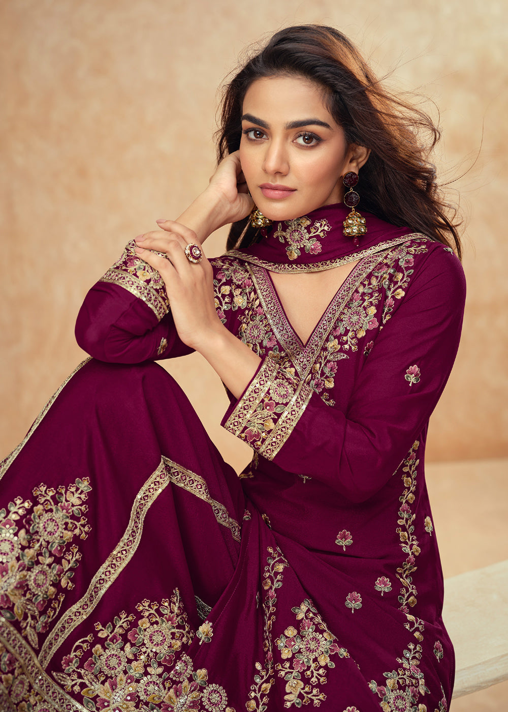 Buy Now Beautific Purple Premium Chinnon Silk Wedding Palazzo Suit Online in USA, UK, Canada, Germany, Italy & Worldwide at Empress Clothing.