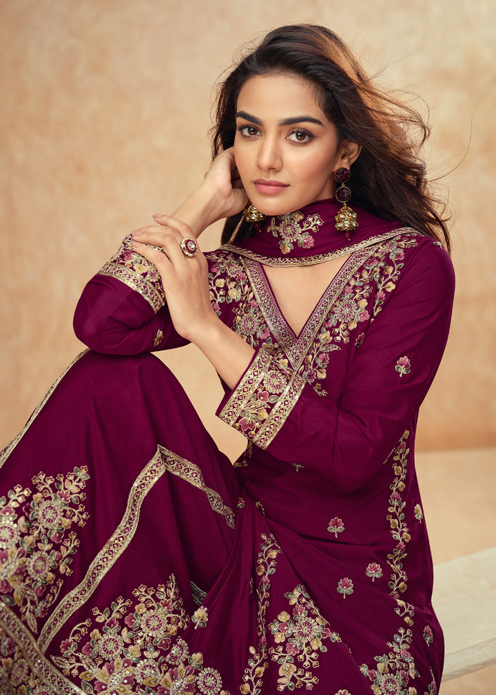 Buy Now Beautific Purple Premium Chinnon Silk Wedding Palazzo Suit Online in USA, UK, Canada, Germany, Italy & Worldwide at Empress Clothing.