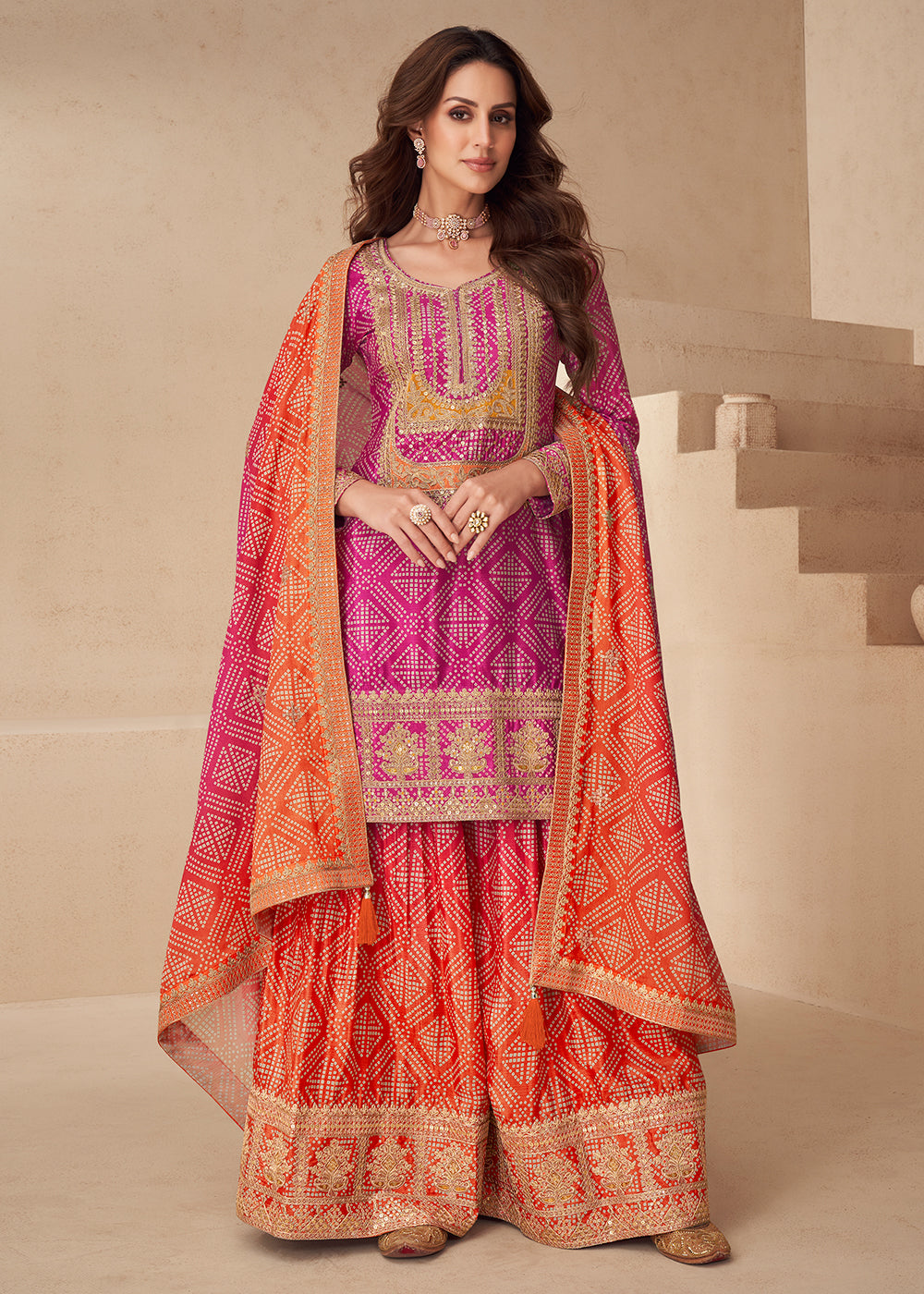 Buy Now Pink Bandhej Zari Embroidered Festive Palazzo Suit Online in Newark, Yorktown, Toronto, London, Munich, Chicago, Denver, Utah & Worldwide at Empress.