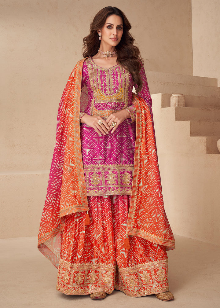 Buy Now Pink Bandhej Zari Embroidered Festive Palazzo Suit Online in Newark, Yorktown, Toronto, London, Munich, Chicago, Denver, Utah & Worldwide at Empress.