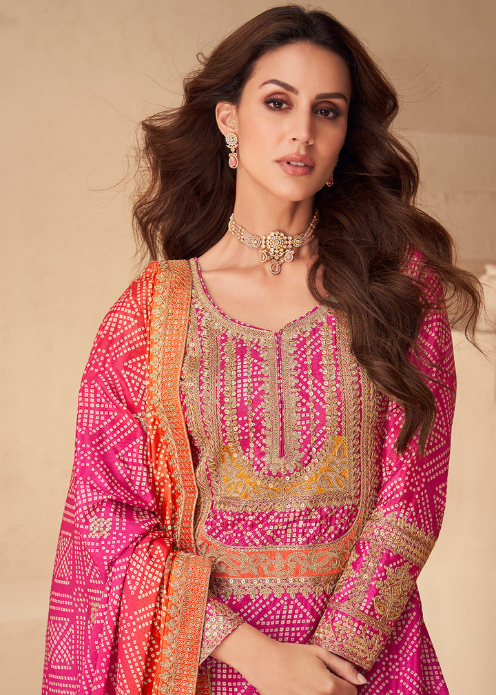 Buy Now Pink Bandhej Zari Embroidered Festive Palazzo Suit Online in Newark, Yorktown, Toronto, London, Munich, Chicago, Denver, Utah & Worldwide at Empress.