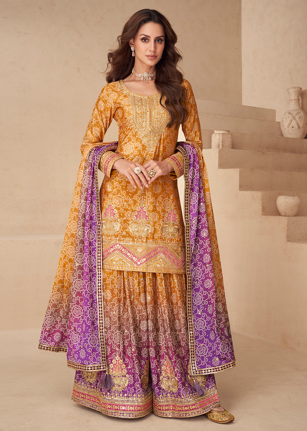 Buy Now Yellow Bandhej Zari Embroidered Festive Palazzo Suit Online in Newark, Yorktown, Toronto, London, Munich, Chicago, Denver, Utah & Worldwide at Empress.