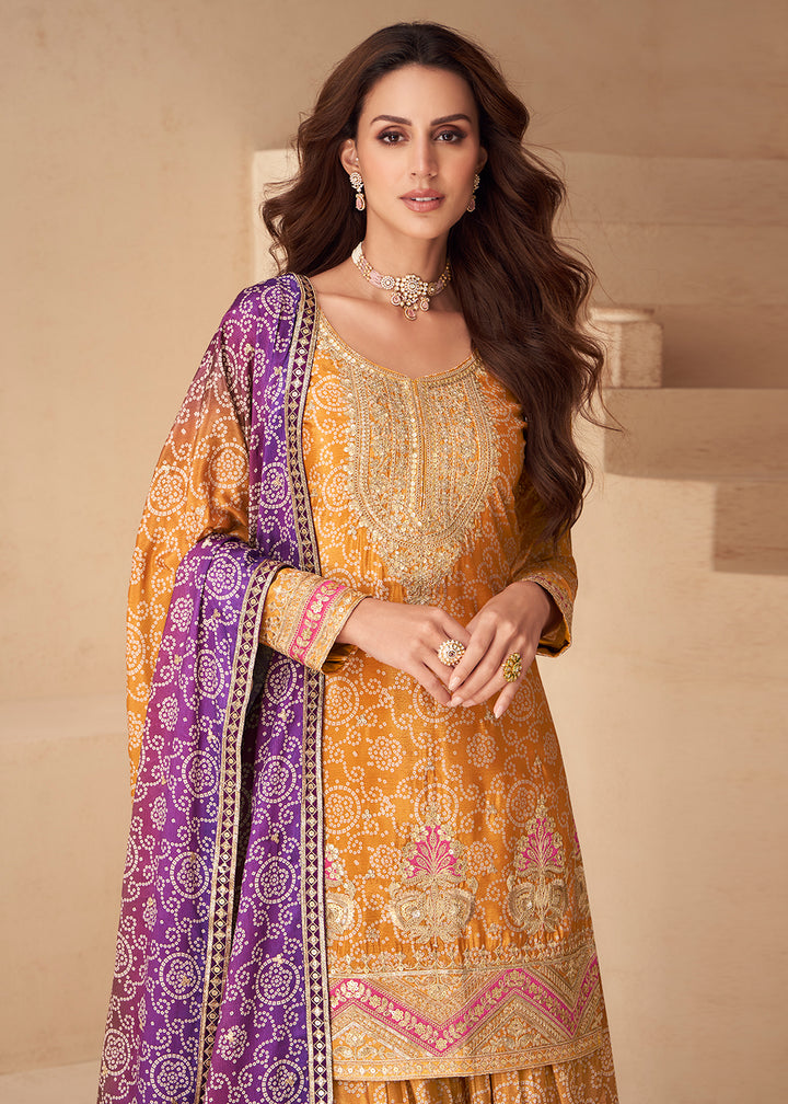 Buy Now Yellow Bandhej Zari Embroidered Festive Palazzo Suit Online in Newark, Yorktown, Toronto, London, Munich, Chicago, Denver, Utah & Worldwide at Empress.