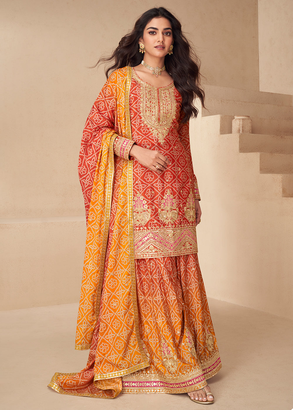 Buy Now Red Bandhej Zari Embroidered Festive Palazzo Suit Online in Newark, Yorktown, Toronto, London, Munich, Chicago, Denver, Utah & Worldwide at Empress.